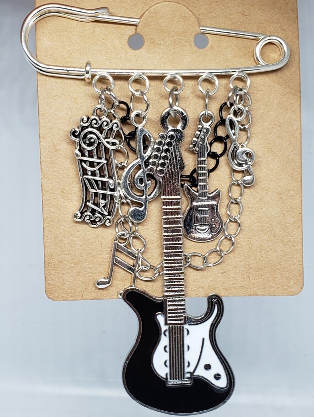 Handmade Black Silver Guitar Music Charm Safety Pin Brooch